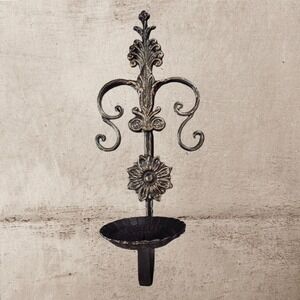 Wall-Mounted Cast Iron‎ Candle Holder Intricate Scrollwork Floral Accents Bronze
